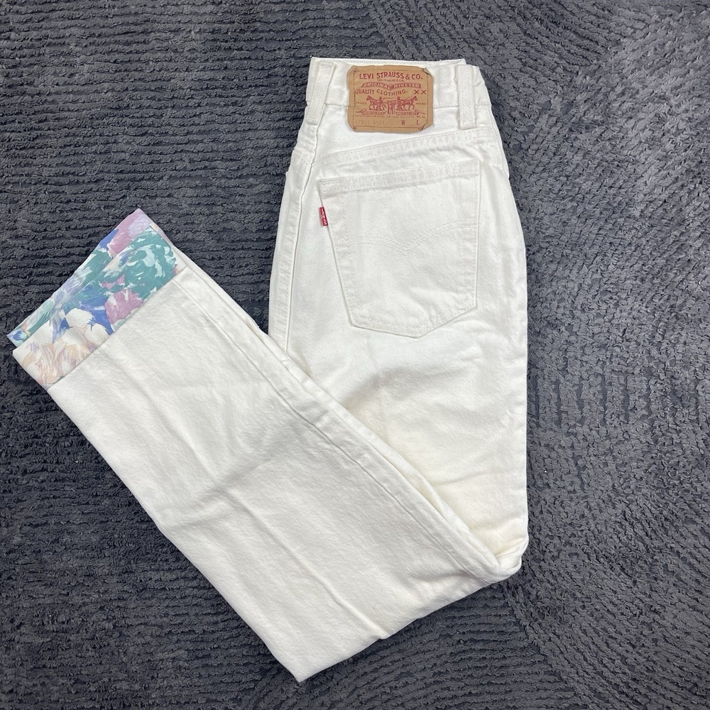 Vintage Levi's 501 Women's 24x28 Jeans USA Made White Floral Cuff Hem 90s
